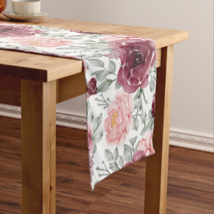 Burgundy blush watercolor floral long table runner