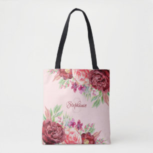 Burgundy Blush Watercolor Floral Monogram Tote Bag