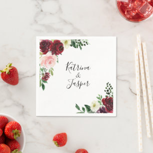 Burgundy Blush Watercolor Floral Wedding Napkin