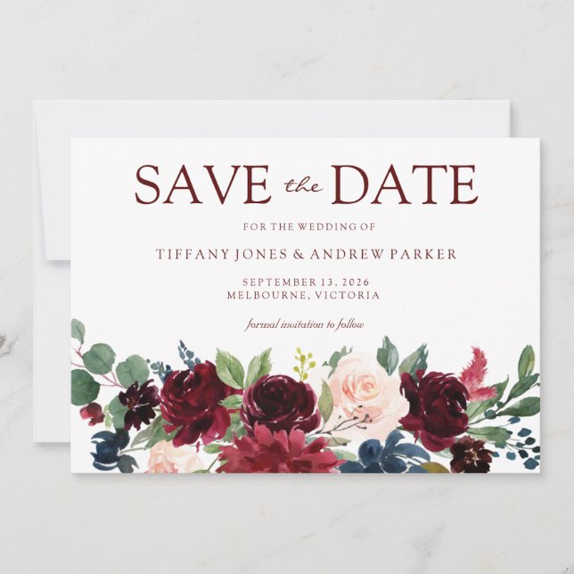 Burgundy Blush Watercolor Floral Wedding Save The Date (Front)