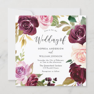 Burgundy Blush Watercolor Floral Wreath Wedding Invitation