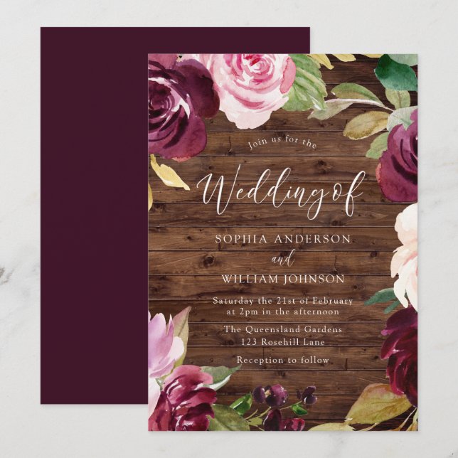 Burgundy Blush Watercolor Flowers Rustic Wedding Invitation (Front/Back)