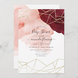 Burgundy Blush Watercolor Geometric Baby Shower Invitation