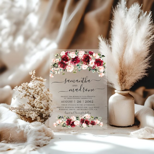 Burgundy Blush Watercolor Roses Wedding  Acrylic Invitations (Creator Uploaded)