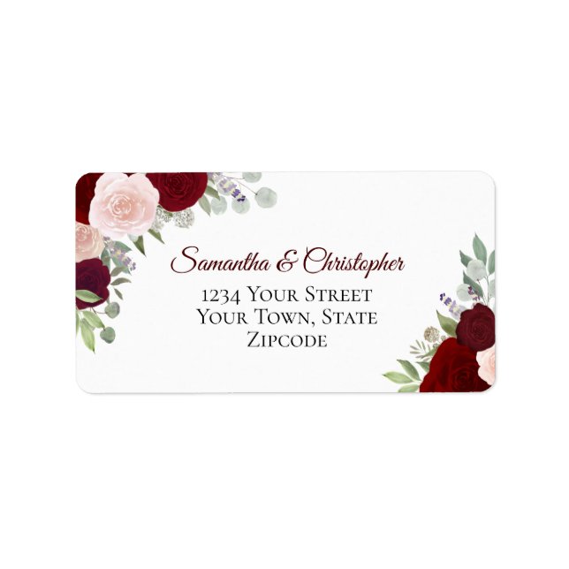 Burgundy & Blush Watercolor Roses Wedding Address Label (Front)