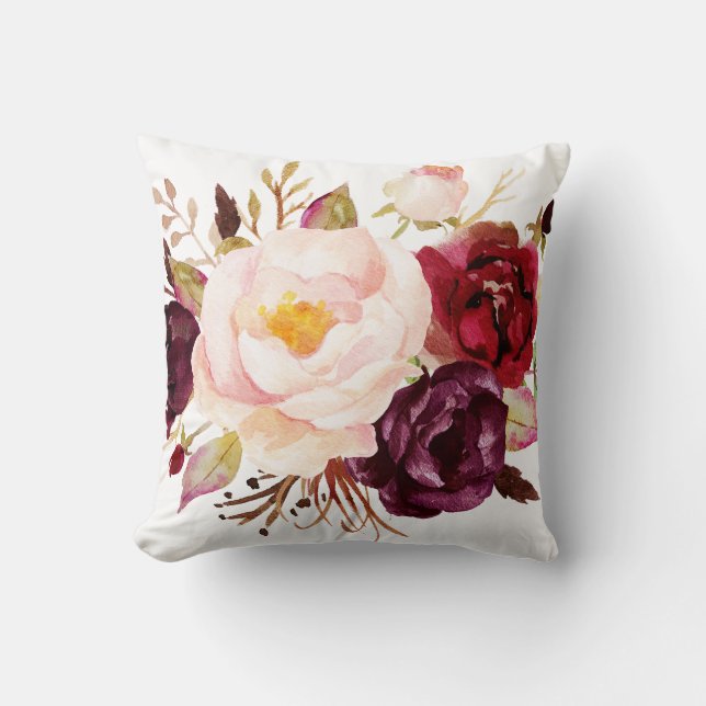 Burgundy blush watercolour floral throw pillow (Front)