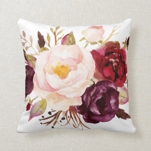 Burgundy blush watercolour floral throw pillow