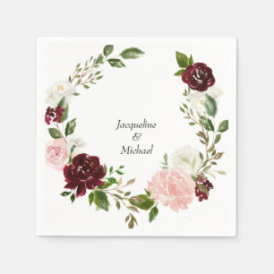 Burgundy & Blush Wedding Custom Names Cocktail Napkin