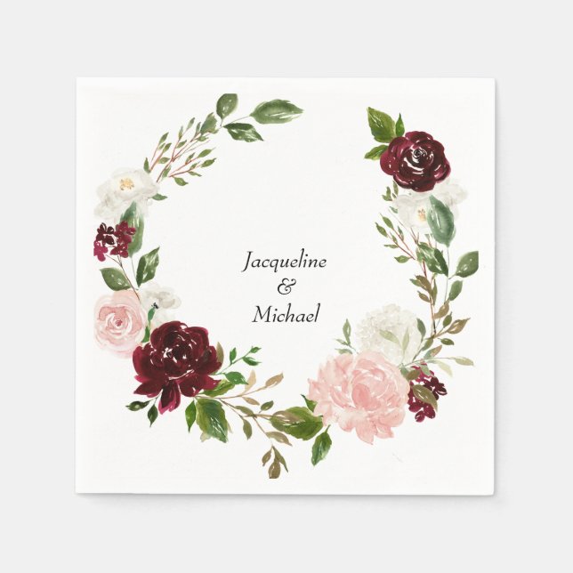 Burgundy & Blush Wedding Custom Names Cocktail Napkin (Front)