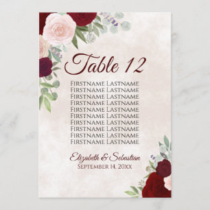 Burgundy Blush Wedding Seating Chart Table Number