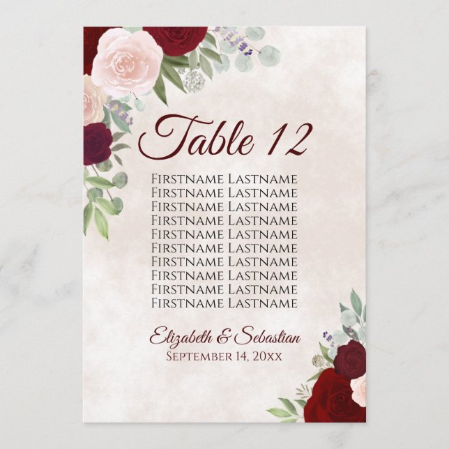 Burgundy Blush Wedding Seating Chart Table Number (Front)