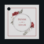 Burgundy Blush & White Roses Silver Foil  Favour Tags<br><div class="desc">Beautiful burgundy, blush pink and white roses are nestled in dainty pale green leaves and silver botanicals outside a silver foil circle to create a romantic wreath. The wedding couple names are written in the centre. This design is part of the Burgundy Blush & White Roses collection in my shop....</div>
