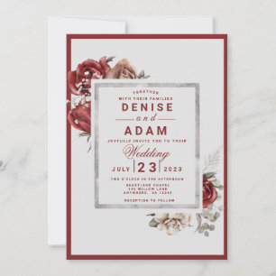 Burgundy, Blush, White Roses Wedding Invitation