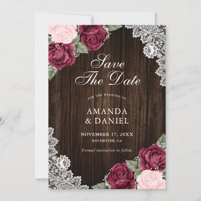 Burgundy Blush Wood Floral Wedding Photo Save The Date (Front)