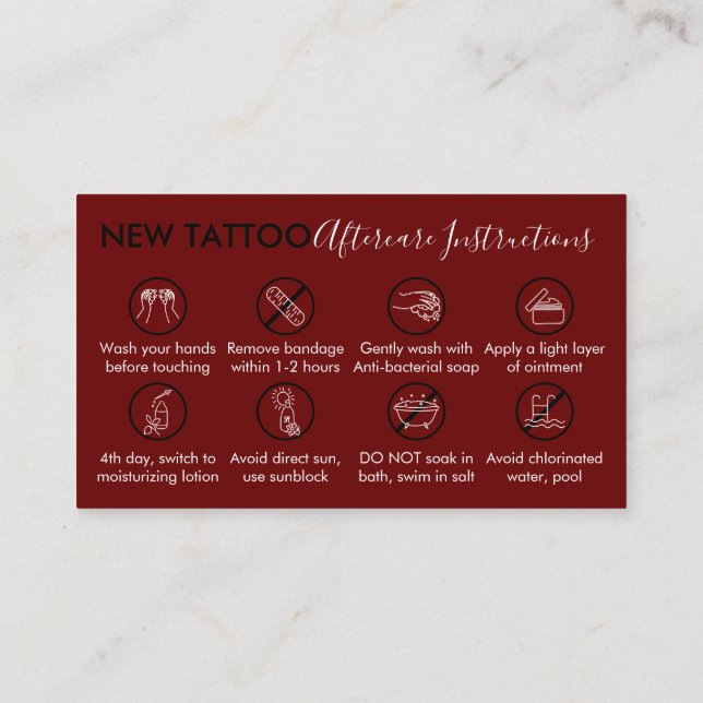 Burgundy Body Art Aftercare Instructions Tattoo Business Card (Back)