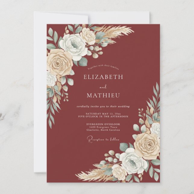 Burgundy Bohemian Bloom Wedding Invitation (Front)