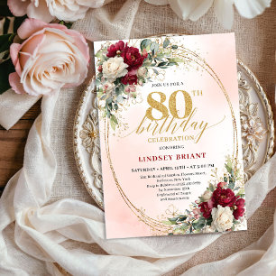 Burgundy Bohemian Chic 80th Birthday Celebration Invitation