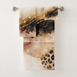 Burgundy Boho Animal Print, Gold Agate Gold Art Bath Towel Set