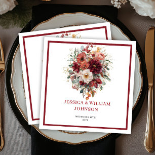 Burgundy Boho Autumn Flowers Greenery Wedding  Napkin