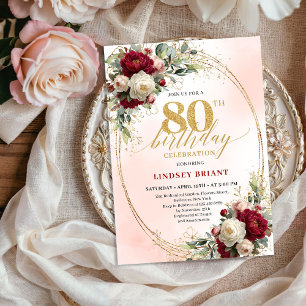 Burgundy Boho Chic Floral 80th Birthday Party  Invitation