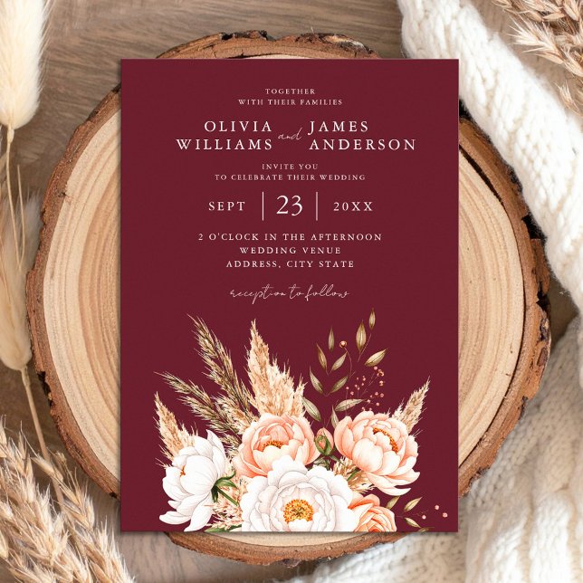 Burgundy Boho Chic Floral Wedding  Invitation (Creator Uploaded)