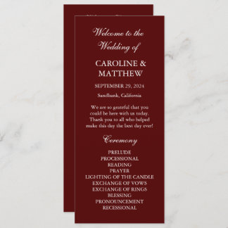 Burgundy Boho Dinner Modern Minimalistic Wedding Program