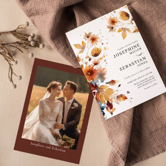 Burgundy Boho Fall Floral Photo Wedding Invitation