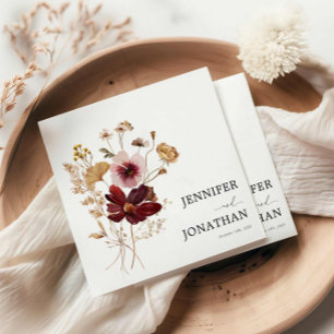 Burgundy Boho Fall Floral Photo Wedding Invitation Napkin