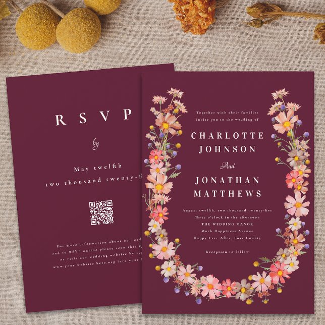 Burgundy Boho Fall Floral QR Code Wedding Invitation (Boho fall wildflower rustic floral wreath burgundy wedding qr code invitation Elegant watercolor)