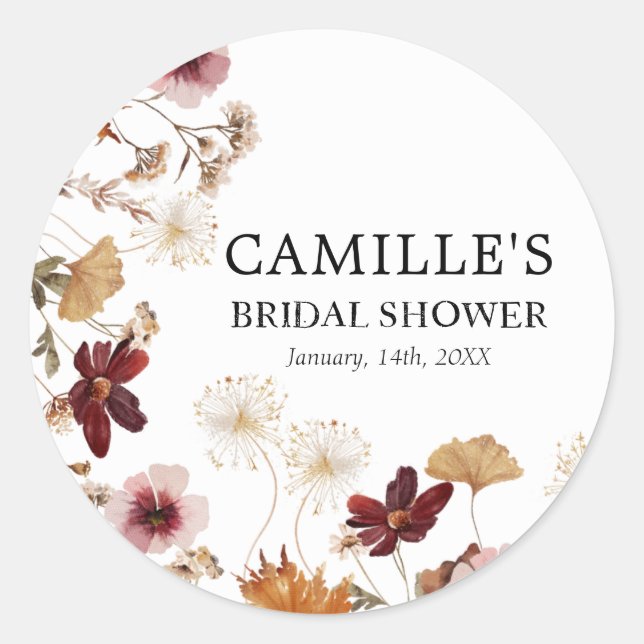 Burgundy  Boho Fall Floral Round Sticker (Front)