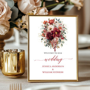 Burgundy Boho Fall Flowers Tabletop Wedding Welcom Poster