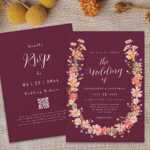 Burgundy Boho Fall Rustic Floral QR Code Wedding Invitation