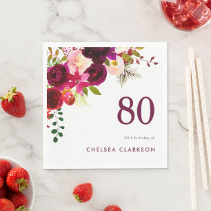 Burgundy Boho Floral 80th Birthday Celebration Napkin