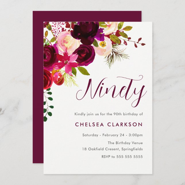 Burgundy Boho Floral 90th Ninetieth Birthday Party Invitation (Front/Back)