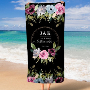 Burgundy Boho Floral All In One Wedding Monogram Beach Towel