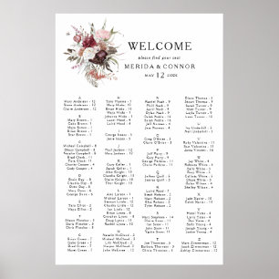 Burgundy Boho Floral Alphabetical Seating Chart