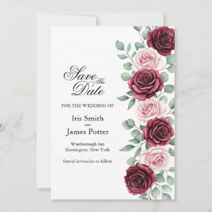 Burgundy Boho floral and Blush Pink Rose Save the Date