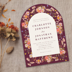Burgundy Boho Floral Arch Fall Wedding Invitation