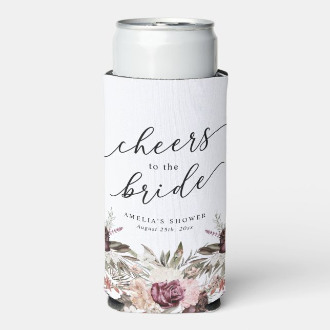 Burgundy Boho Floral Bridal Shower Seltzer Can Cooler (Seltzer Front)