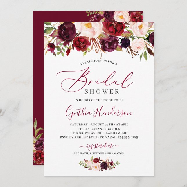 Burgundy Boho Floral Calligraphy Bridal Shower Invitation (Front/Back)
