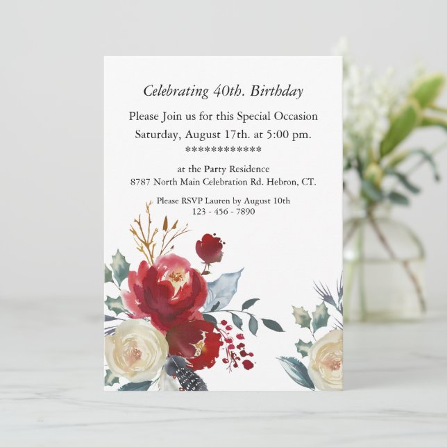 Burgundy Boho Floral, Customisable,40th Birthday Invitation (Standing Front)