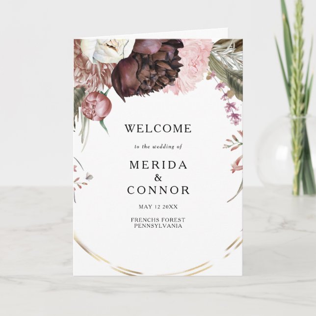 Burgundy Boho Floral Folded Wedding Program (Front)
