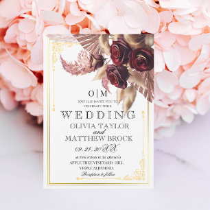 Burgundy Boho Floral red roses pampas Wedding Invitation