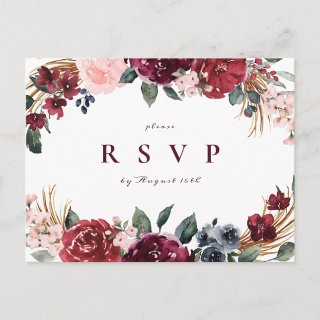 Burgundy boho floral rustic wedding RSVP Invitation Postcard (Front)
