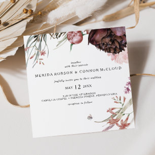 Burgundy Boho Floral Square Wedding Invitation