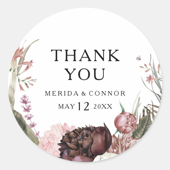 Burgundy Boho Floral Thank You Wedding Favour Classic Round Sticker (Front)
