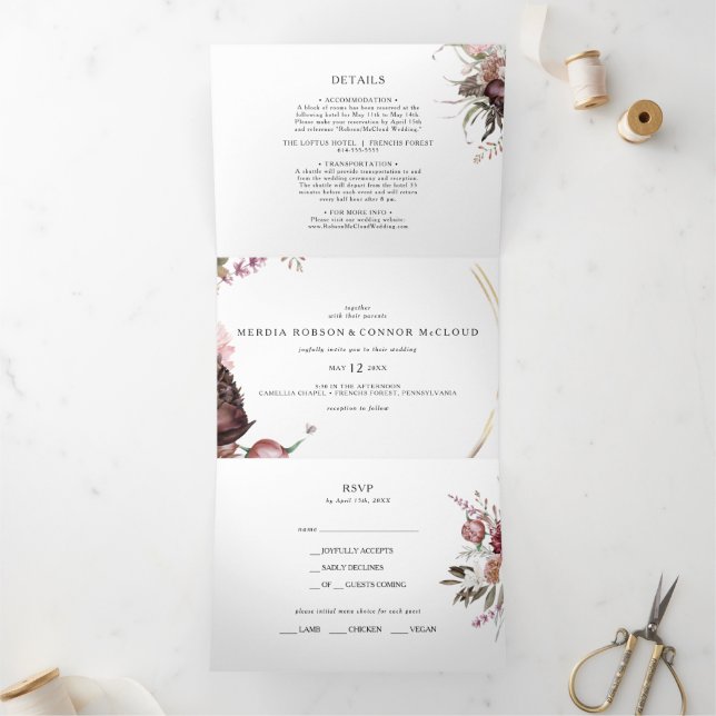 Burgundy Boho Floral Wedding All In One Tri-fold Invitation (Inside)