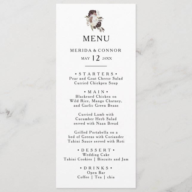 Burgundy Boho Floral Wedding Dinner Menu (Front)