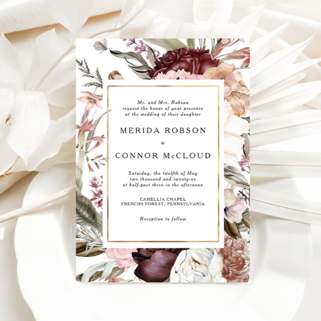 Burgundy Boho Floral Wedding Invitation (Creator Uploaded)