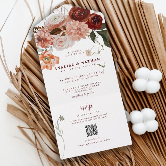 Burgundy Boho Floral Wedding QR Code All In One Invitation (Creator Uploaded)